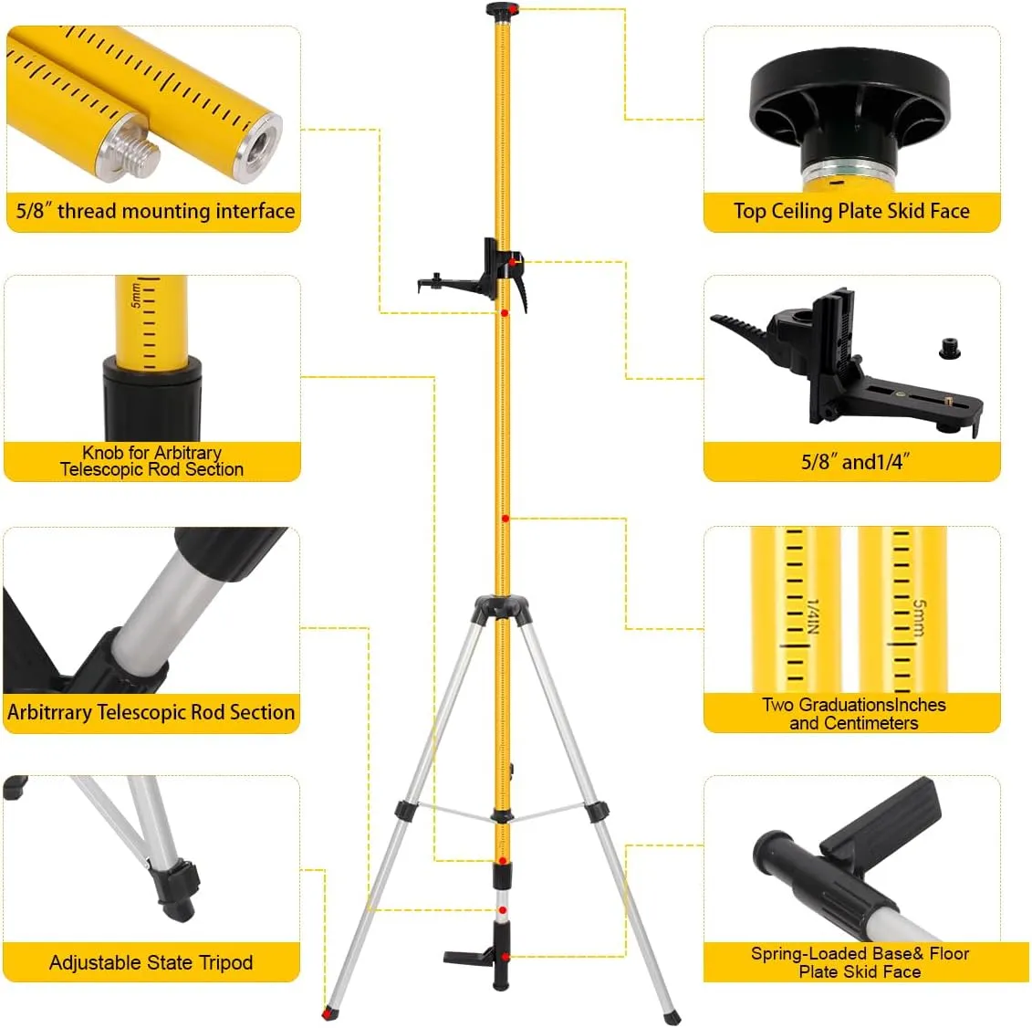 Adjustable Laser Level Pole with Tripod,12 Ft/3.7 M Professional Telescoping Laser Pole with 5/8"-11 Threaded Adapter and Adjustable Bracket 1/4"-20 Laser Mount for Rotary and Line Laser Level