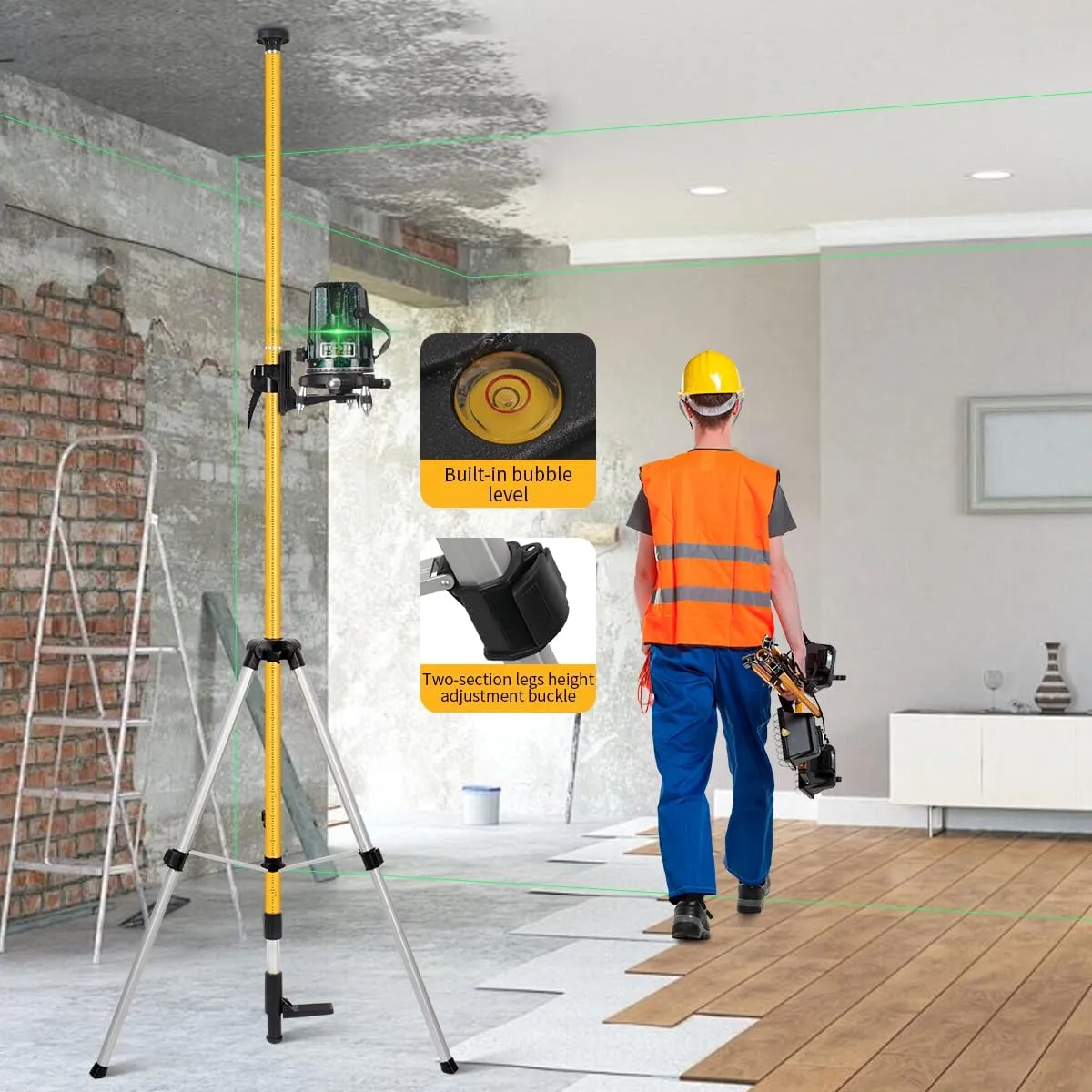 Adjustable Laser Level Pole with Tripod,12 Ft/3.7 M Professional Telescoping Laser Pole with 5/8"-11 Threaded Adapter and Adjustable Bracket 1/4"-20 Laser Mount for Rotary and Line Laser Level