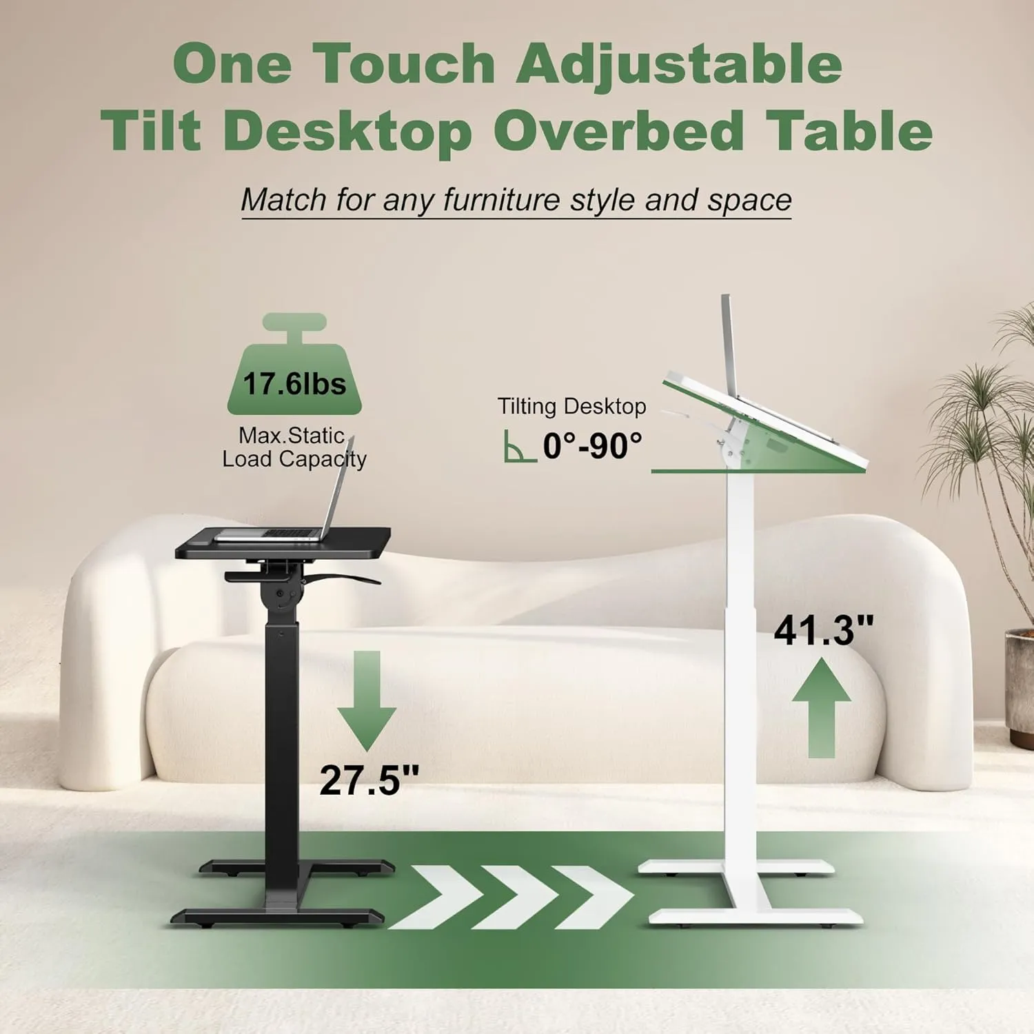 Adjustable Overbed Bedside Table - 90° Tiltable Mobile Standing Desk Portable Rolling Computer Cart Movable Desk for Laptop Bed Sofa Side Table Hospital Home Use(15.8" W x 31.5" D, White)