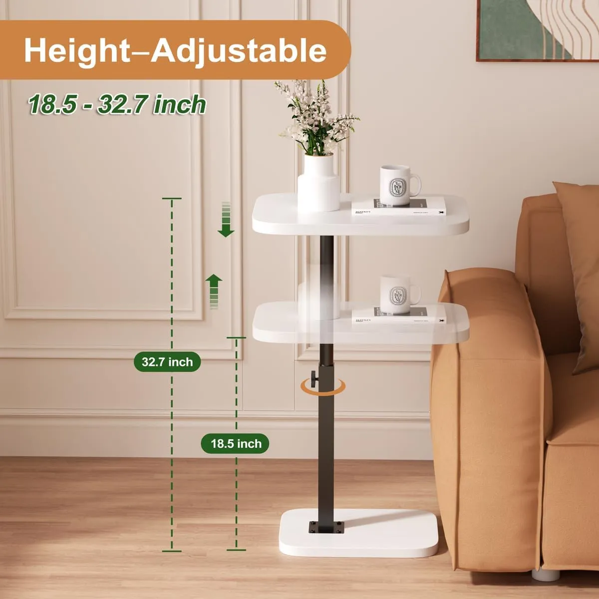 Adjustable Side Table TV Tray, C Shaped End Table, Small Bedside Table, Mid Century Modern Accent Nightstand for Living Room, Bedroom, Corners and Office (White)