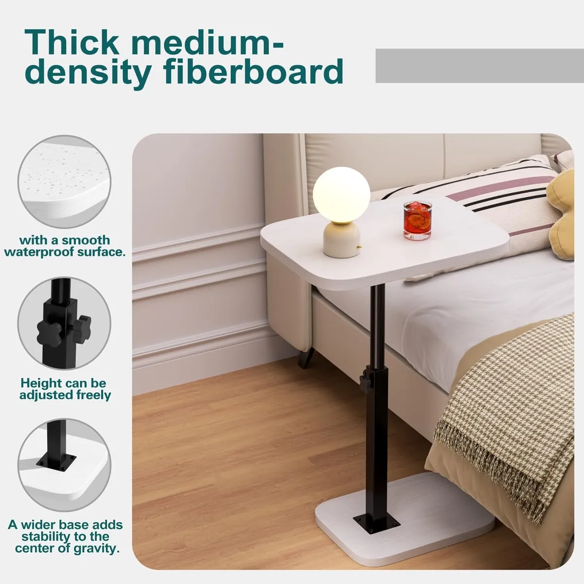 Adjustable Side Table TV Tray, C Shaped End Table, Small Bedside Table, Mid Century Modern Accent Nightstand for Living Room, Bedroom, Corners and Office (White)