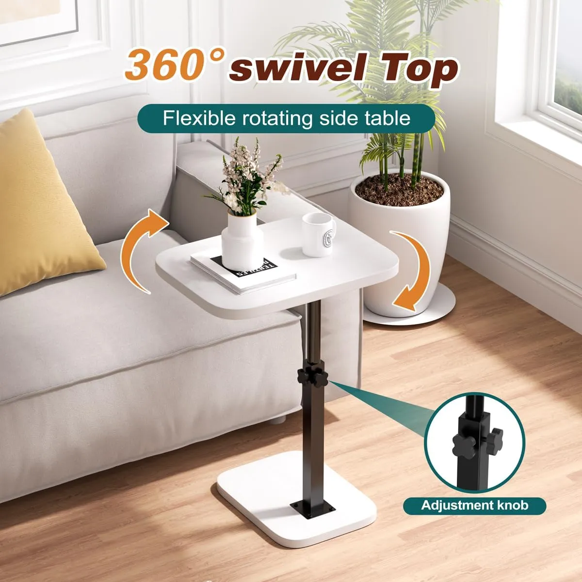 Adjustable Side Table TV Tray, C Shaped End Table, Small Bedside Table, Mid Century Modern Accent Nightstand for Living Room, Bedroom, Corners and Office (White)