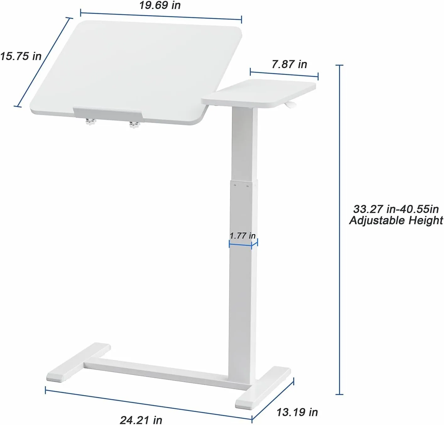 Adjustable Tilt Overbed Bedside Table with Wheels Pneumatic Moveable Bed Desk Tilt-Top Laptop Desk Moveable Rolling Computer Table for Home Office Hospital Use