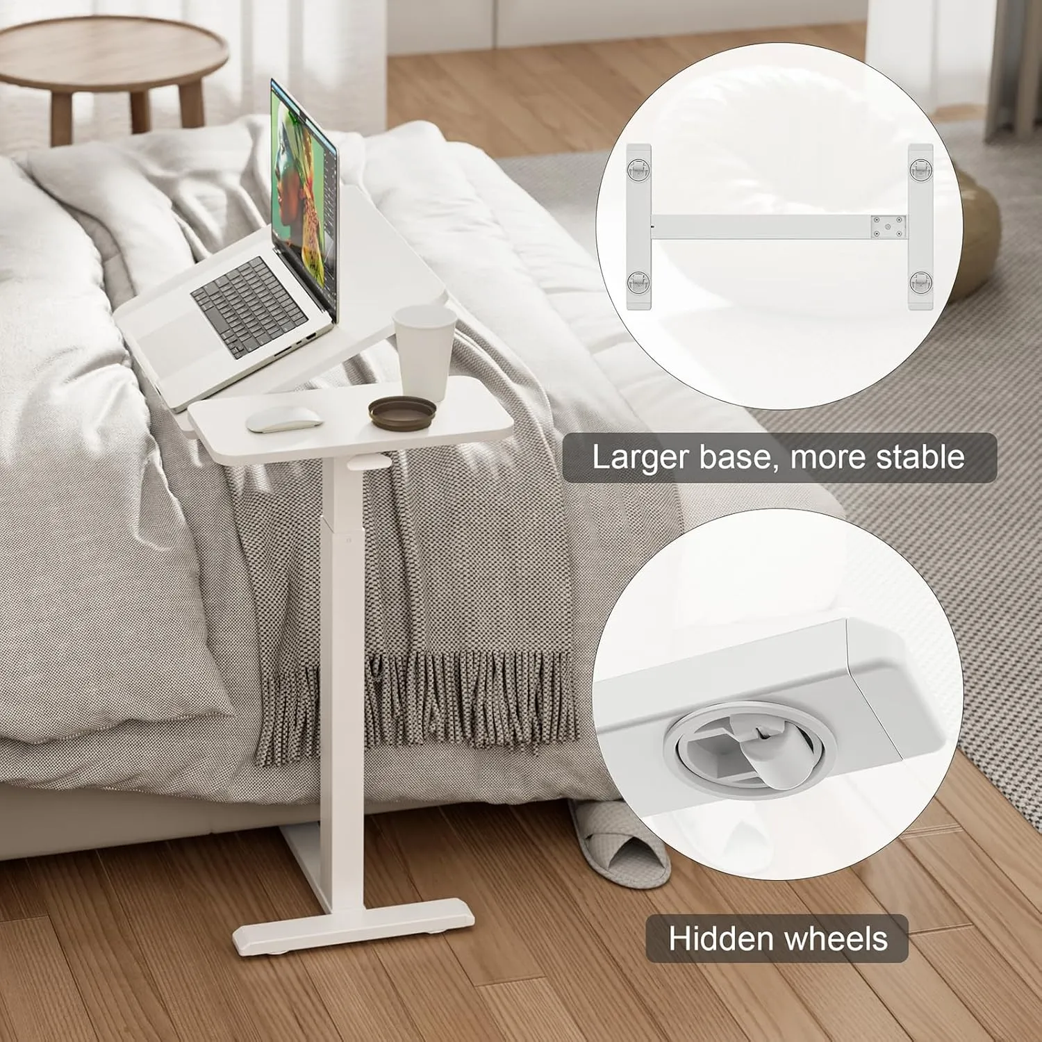 Adjustable Tilt Overbed Bedside Table with Wheels Pneumatic Moveable Bed Desk Tilt-Top Laptop Desk Moveable Rolling Computer Table for Home Office Hospital Use