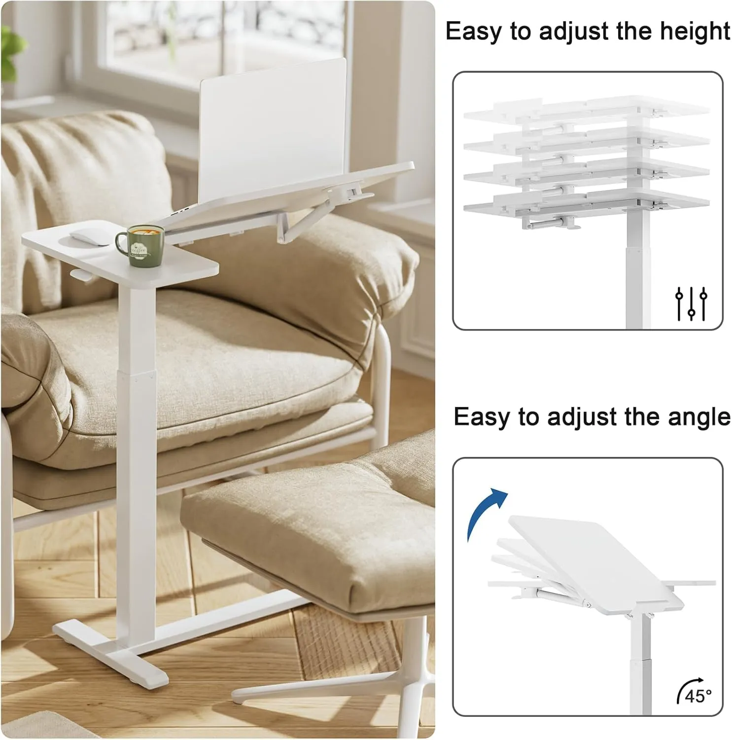 Adjustable Tilt Overbed Bedside Table with Wheels Pneumatic Moveable Bed Desk Tilt-Top Laptop Desk Moveable Rolling Computer Table for Home Office Hospital Use