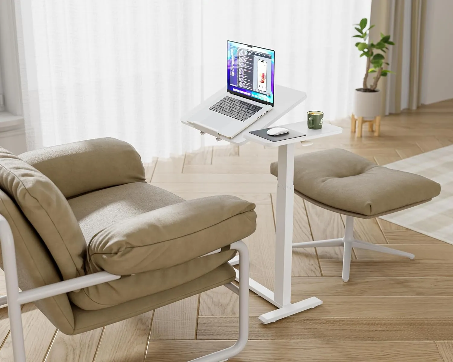 Adjustable Tilt Overbed Bedside Table with Wheels Pneumatic Moveable Bed Desk Tilt-Top Laptop Desk Moveable Rolling Computer Table for Home Office Hospital Use