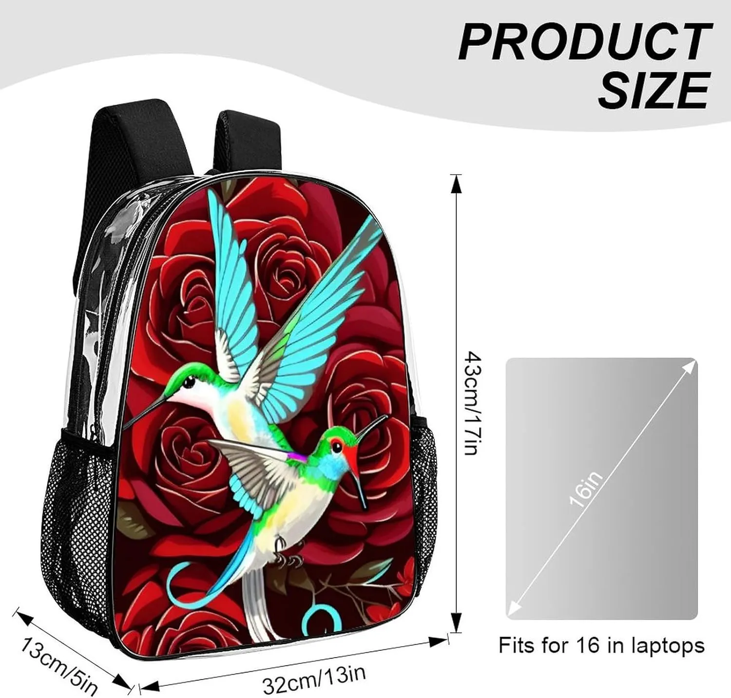 Adults Lightweight Red Rose Flowers Hummingbird Chic Animal Bird Art Rucksacks Large Capacity Bookbag Transparent Bag for Trekking Outdoors Bicycle