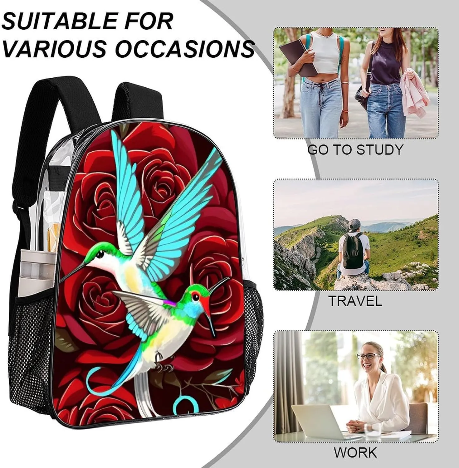 Adults Lightweight Red Rose Flowers Hummingbird Chic Animal Bird Art Rucksacks Large Capacity Bookbag Transparent Bag for Trekking Outdoors Bicycle