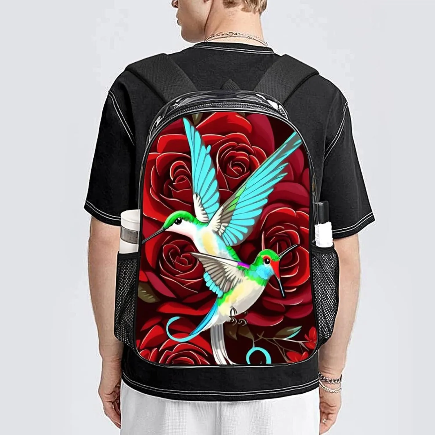 Adults Lightweight Red Rose Flowers Hummingbird Chic Animal Bird Art Rucksacks Large Capacity Bookbag Transparent Bag for Trekking Outdoors Bicycle