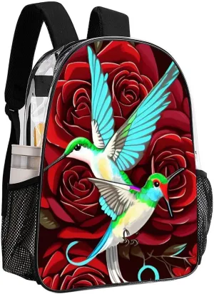 Adults Lightweight Red Rose Flowers Hummingbird Chic Animal Bird Art Rucksacks Large Capacity Bookbag Transparent Bag for Trekking Outdoors Bicycle