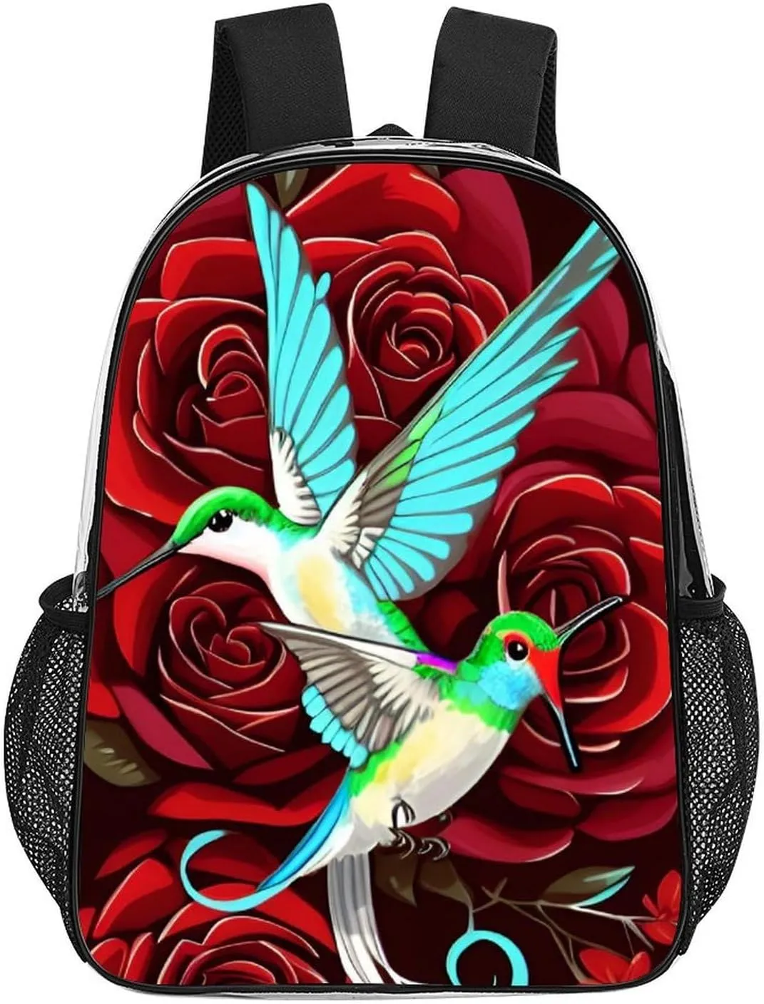 Adults Lightweight Red Rose Flowers Hummingbird Chic Animal Bird Art Rucksacks Large Capacity Bookbag Transparent Bag for Trekking Outdoors Bicycle