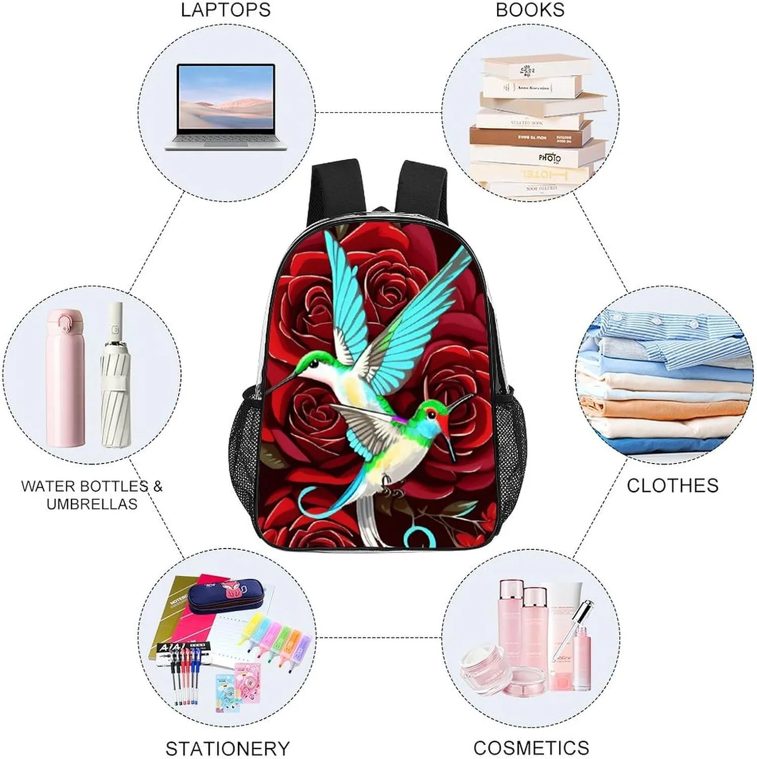Adults Lightweight Red Rose Flowers Hummingbird Chic Animal Bird Art Rucksacks Large Capacity Bookbag Transparent Bag for Trekking Outdoors Bicycle