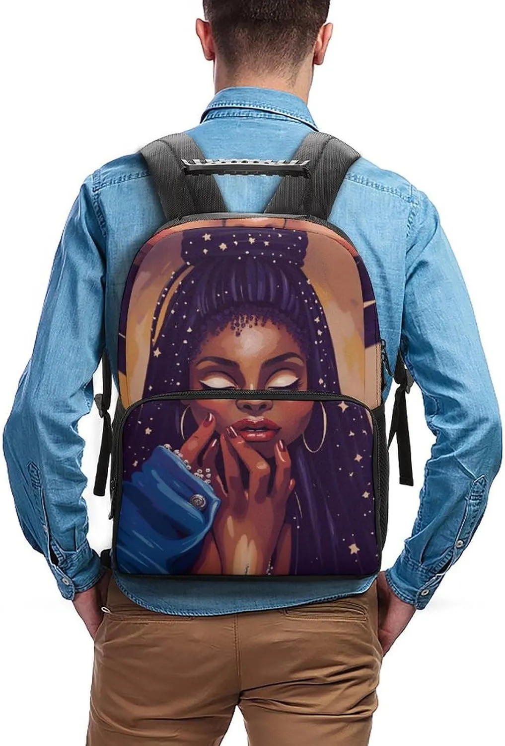 African American Black Woman Woman Painting Shoulder Book Bags Polyester Multipurpose Anti-Theft Carry On Bag Large Capacity Travel Hiking & Camping Rucksack