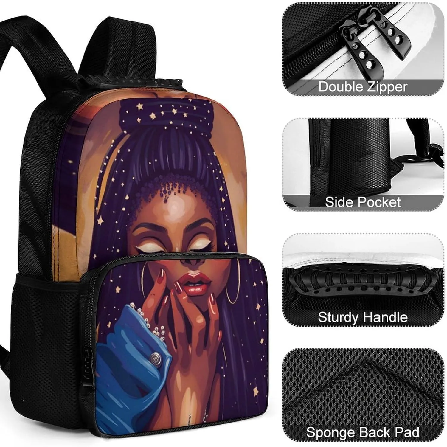 African American Black Woman Woman Painting Shoulder Book Bags Polyester Multipurpose Anti-Theft Carry On Bag Large Capacity Travel Hiking & Camping Rucksack