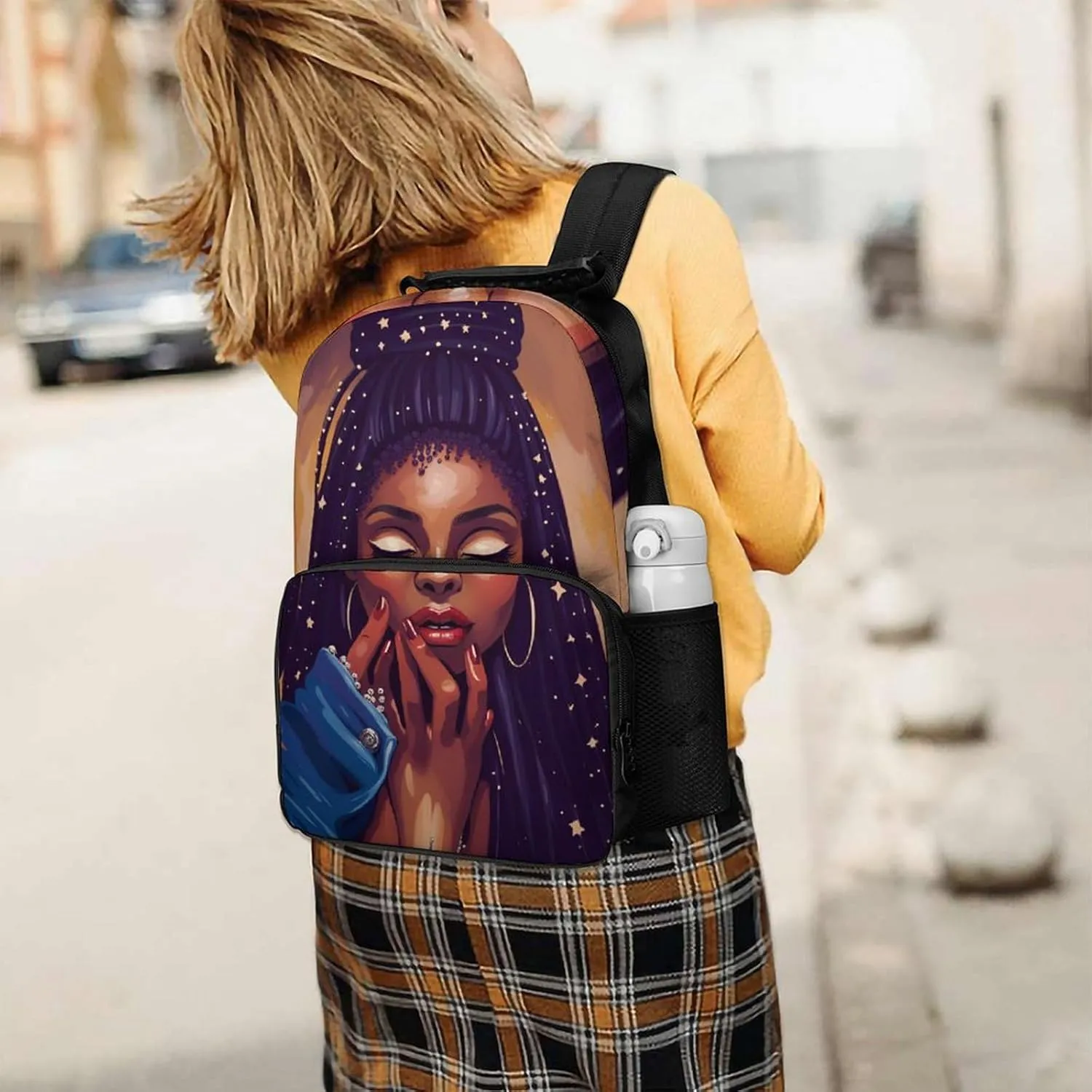 African American Black Woman Woman Painting Shoulder Book Bags Polyester Multipurpose Anti-Theft Carry On Bag Large Capacity Travel Hiking & Camping Rucksack