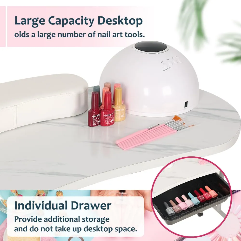 AGESISI Portable Manicure Table Foldable Nail Desk with Large Drawer Nail Tech Table for Technician Salon Workstation Client Wrist Cushion/Carry Bag/4 Lockable Wheels, 36-inch, White Marble