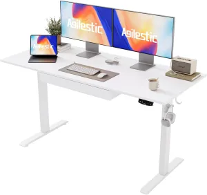 Agilestic Adjustable Height Electric Standing Desk with Storage Wooden Drawer, 55 x 24 Inches Stand Up Home Office Computer Gaming Table for Work Office Home,White