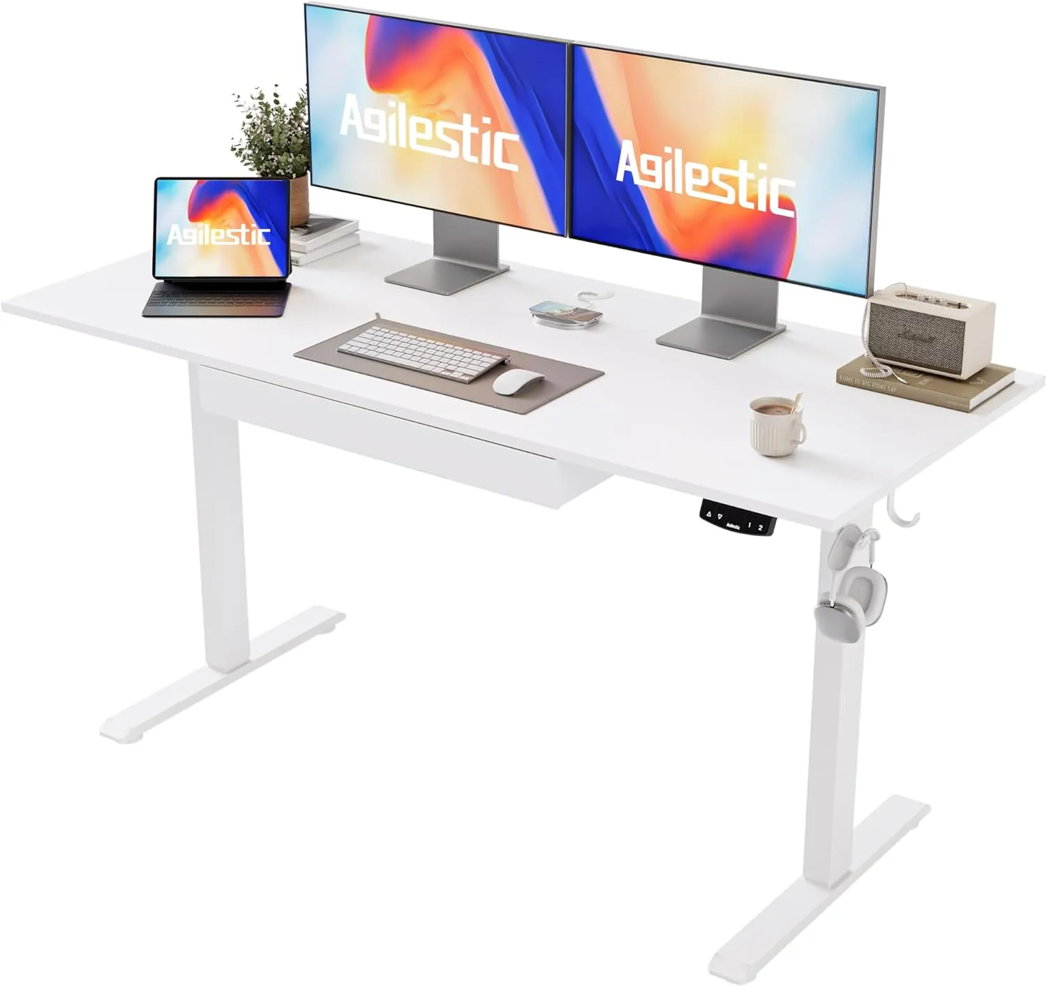 Agilestic Adjustable Height Electric Standing Desk with Storage Wooden Drawer, 55 x 24 Inches Stand Up Home Office Computer Gaming Table for Work Office Home,White