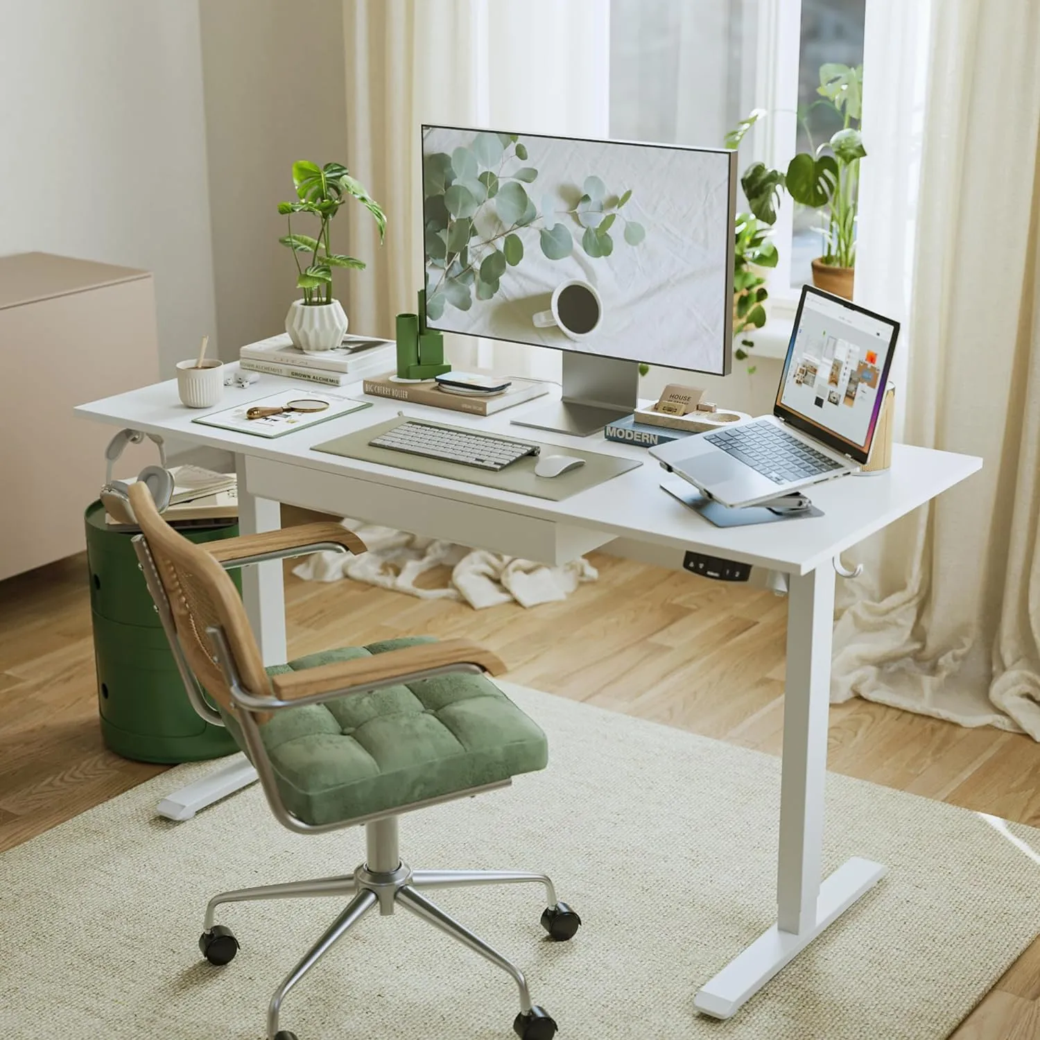 Agilestic Adjustable Height Electric Standing Desk with Storage Wooden Drawer, 55 x 24 Inches Stand Up Home Office Computer Gaming Table for Work Office Home,White