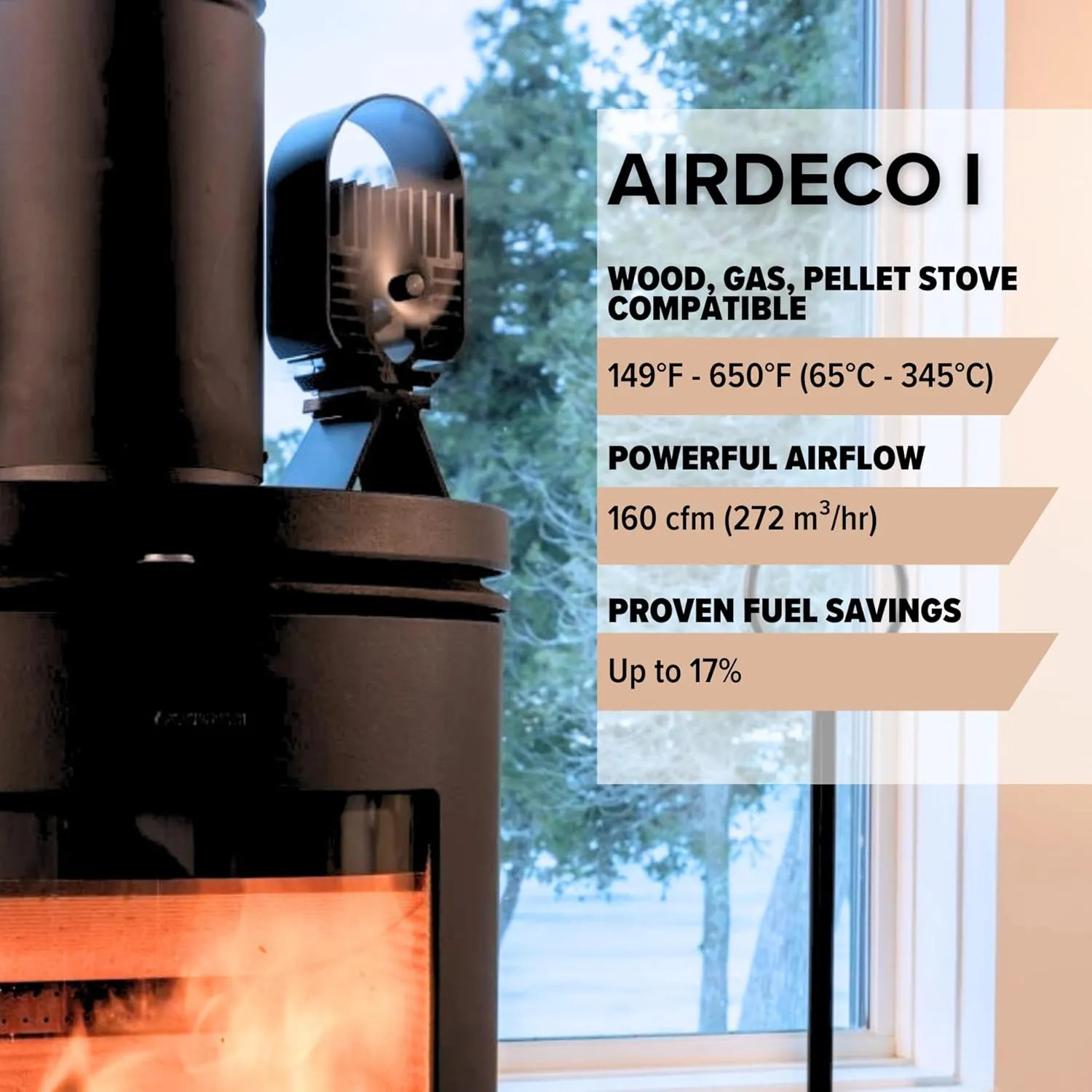 AirDeco I Heat Powered Stove Fan - Powerful Modern Design, Low Start Temperature Technology Ideal for Wood, Gas, Pellet & Soapstone Stoves - Circulates Warm Air Efficiently & Reduces Fuel Cost