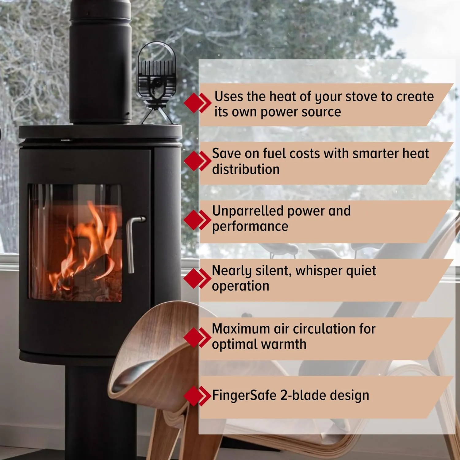 AirDeco I Heat Powered Stove Fan - Powerful Modern Design, Low Start Temperature Technology Ideal for Wood, Gas, Pellet & Soapstone Stoves - Circulates Warm Air Efficiently & Reduces Fuel Cost
