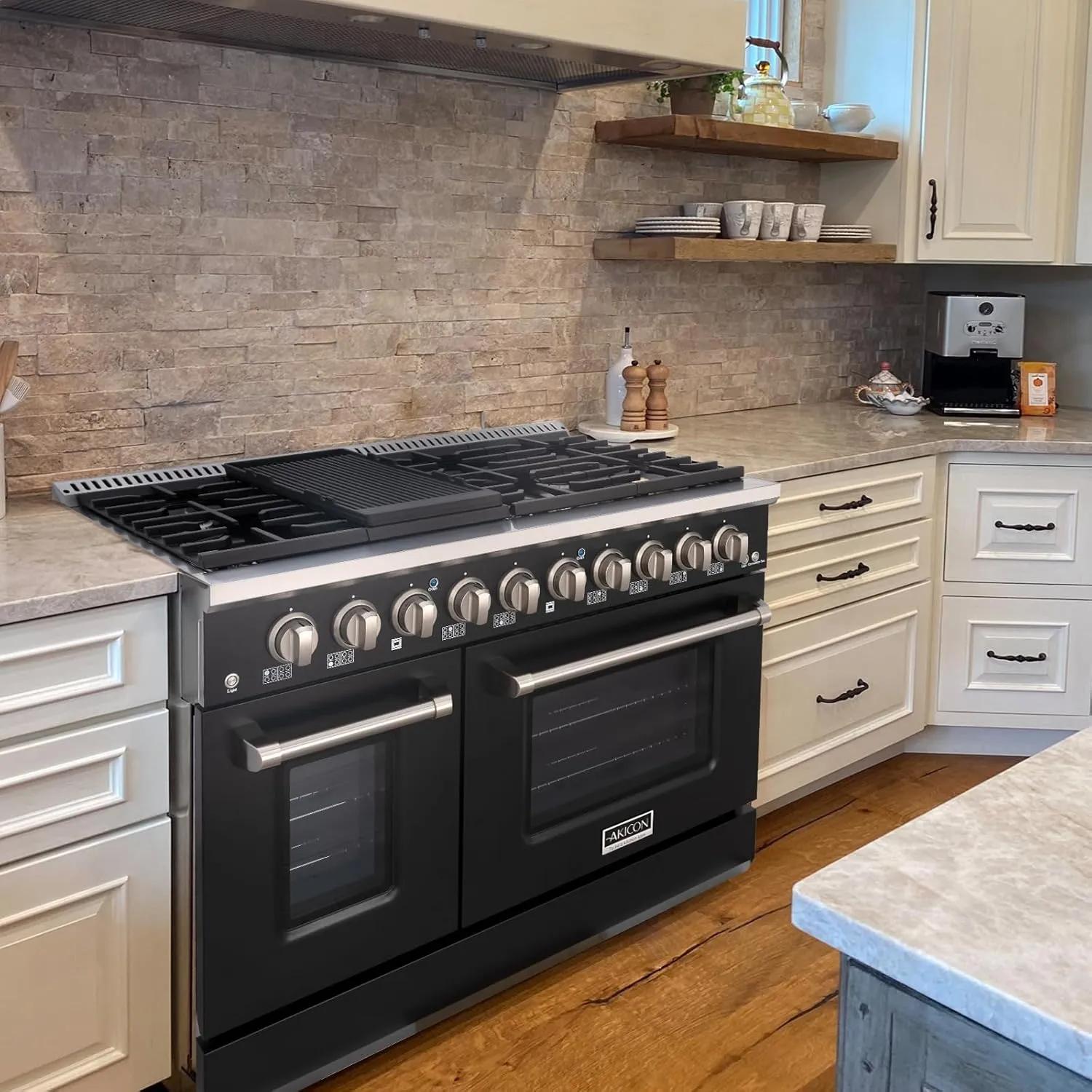 Akicon 48 Inch Freestanding Gas Range - 6.7 cu. ft. Double Rapid Convection Gas Oven - Gas Stove with 8 Sealed Burners & a Griddle, Heavy Duty Cast Iron Grates (Black & Stainless Steel)