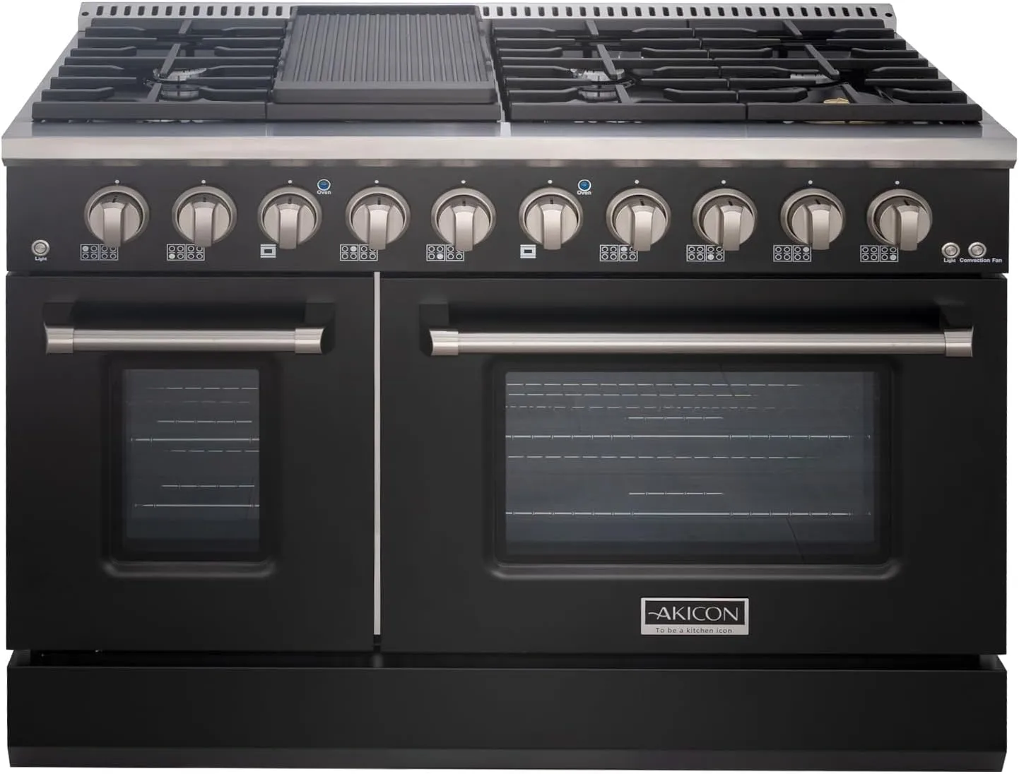 Akicon 48 Inch Freestanding Gas Range - 6.7 cu. ft. Double Rapid Convection Gas Oven - Gas Stove with 8 Sealed Burners & a Griddle, Heavy Duty Cast Iron Grates (Black & Stainless Steel)