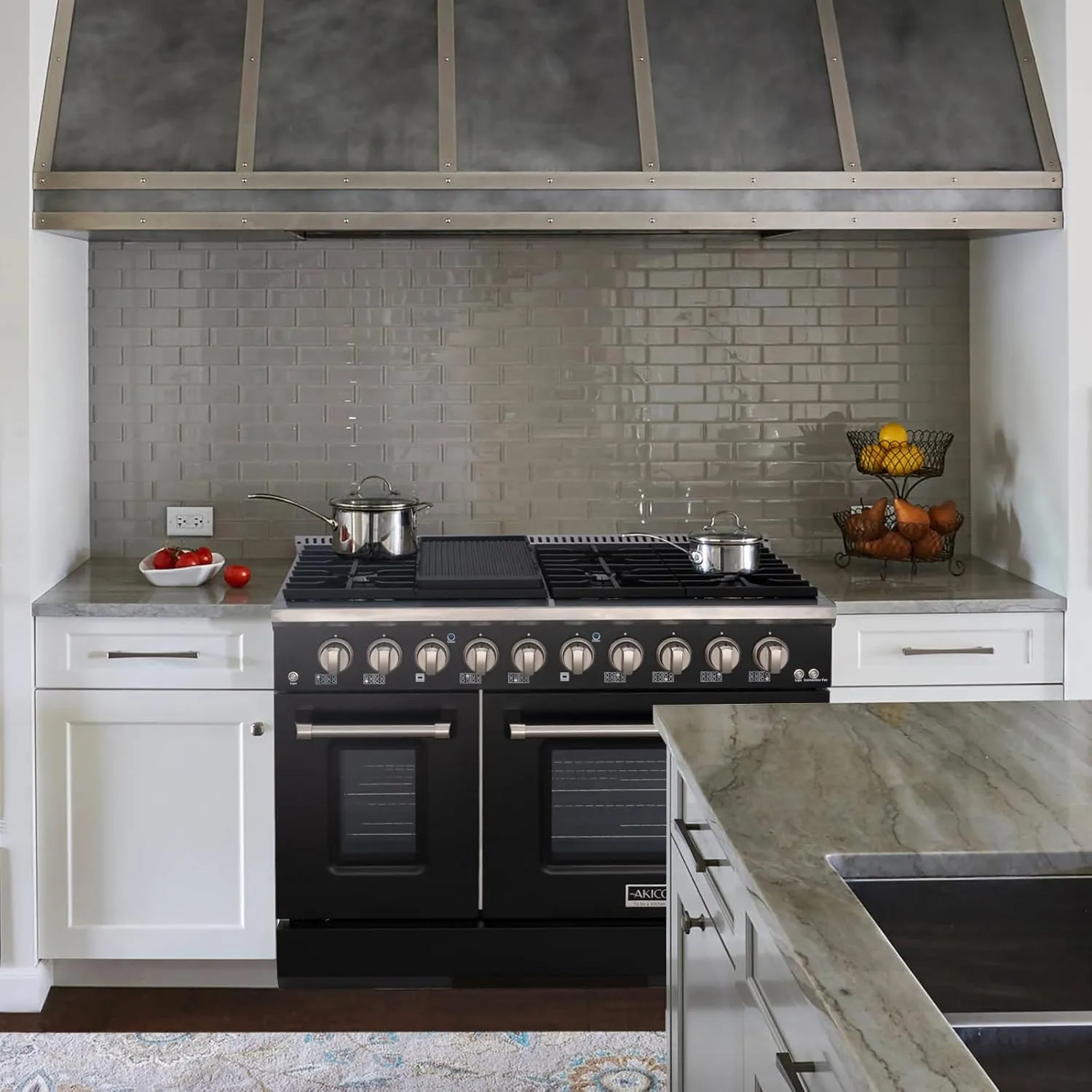 Akicon 48 Inch Freestanding Gas Range - 6.7 cu. ft. Double Rapid Convection Gas Oven - Gas Stove with 8 Sealed Burners & a Griddle, Heavy Duty Cast Iron Grates (Black & Stainless Steel)