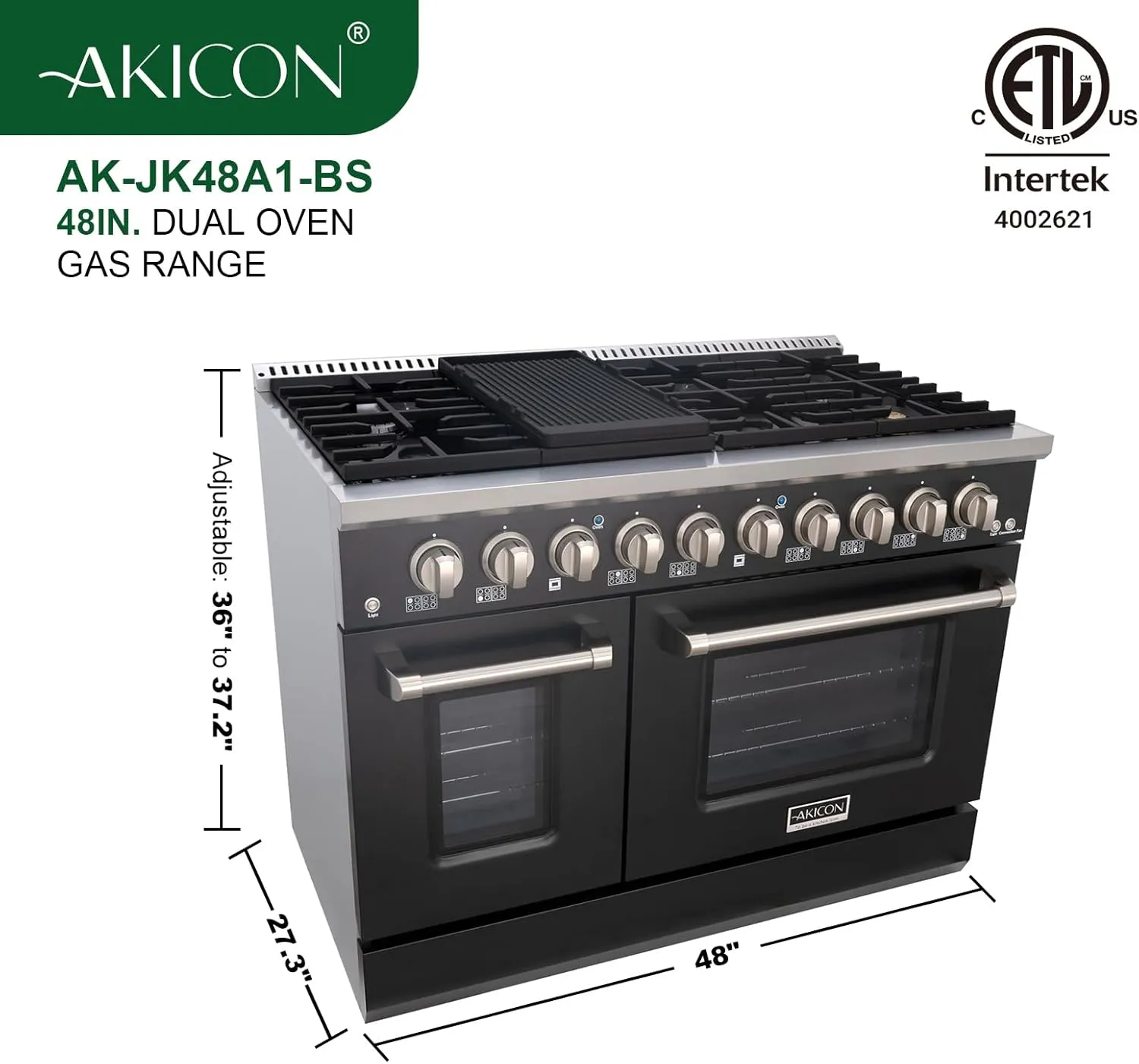 Akicon 48 Inch Freestanding Gas Range - 6.7 cu. ft. Double Rapid Convection Gas Oven - Gas Stove with 8 Sealed Burners & a Griddle, Heavy Duty Cast Iron Grates (Black & Stainless Steel)