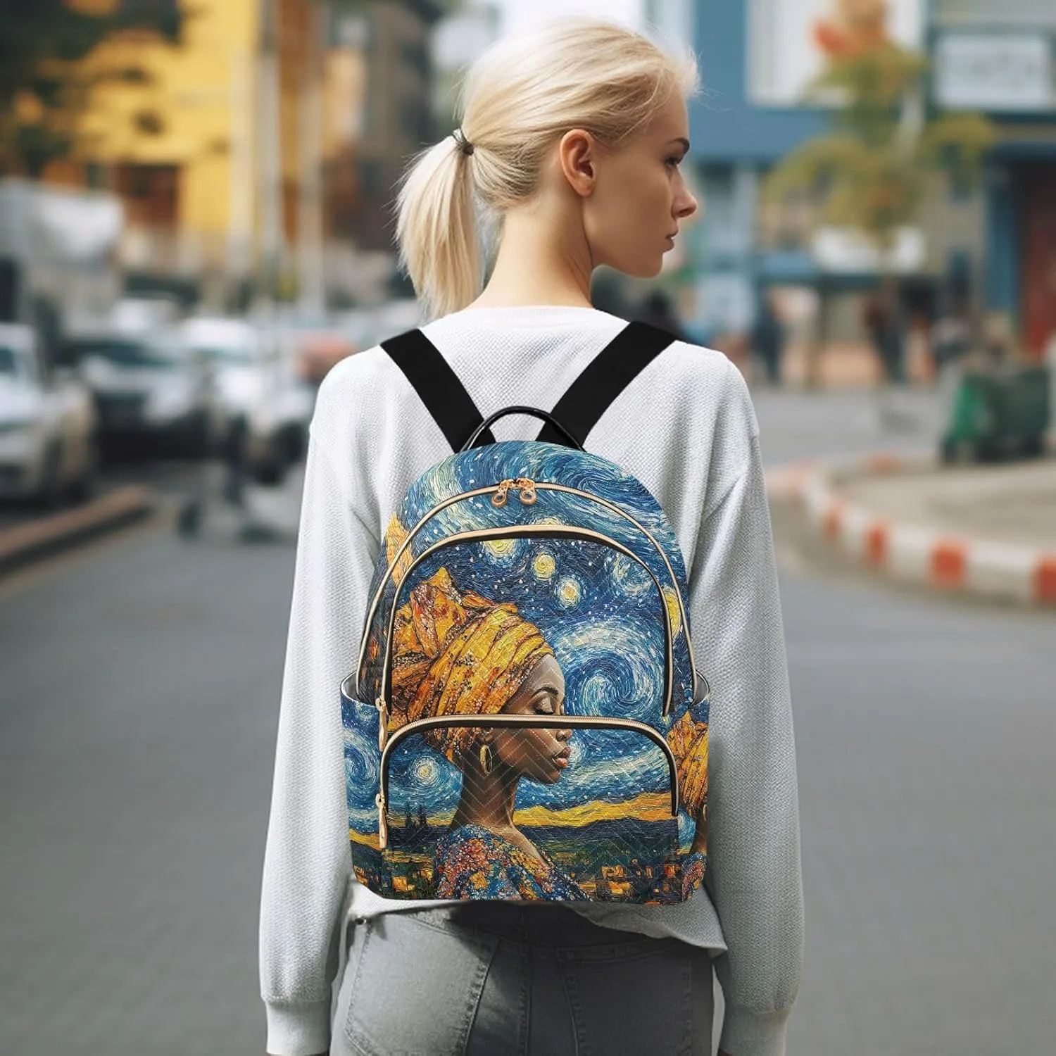 ALAZA Black Girl Starry Night Mini Backpack Purse for Women Travel Bag Lightweight Shoulder Bag Fashion Daypack