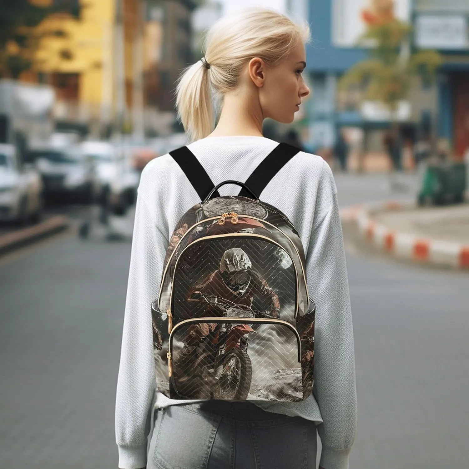 ALAZA Motorbike Race Small Backpack Purse for Women Travel Bag Lightweight Shoulder Bag Fashion Daypack