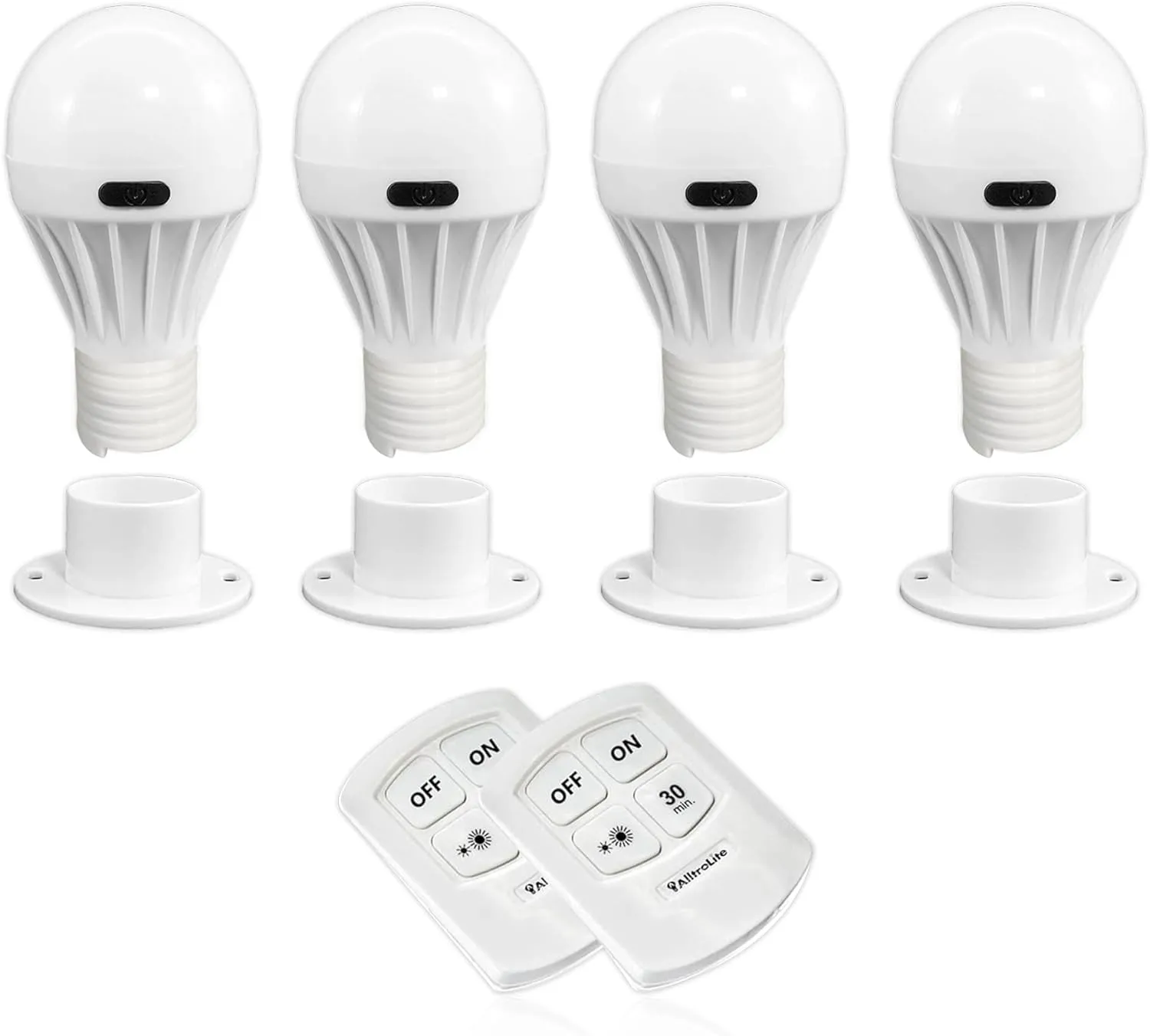 AlltroLite 4-Pack - Battery Operated Wireless LED Light Bulb | 200 Lumens Bright Light Bulb with 2 Remote Control & Magnetic Attachment | COB LED Cordless Nightlight for Under Cabinet, Shelf, Closet