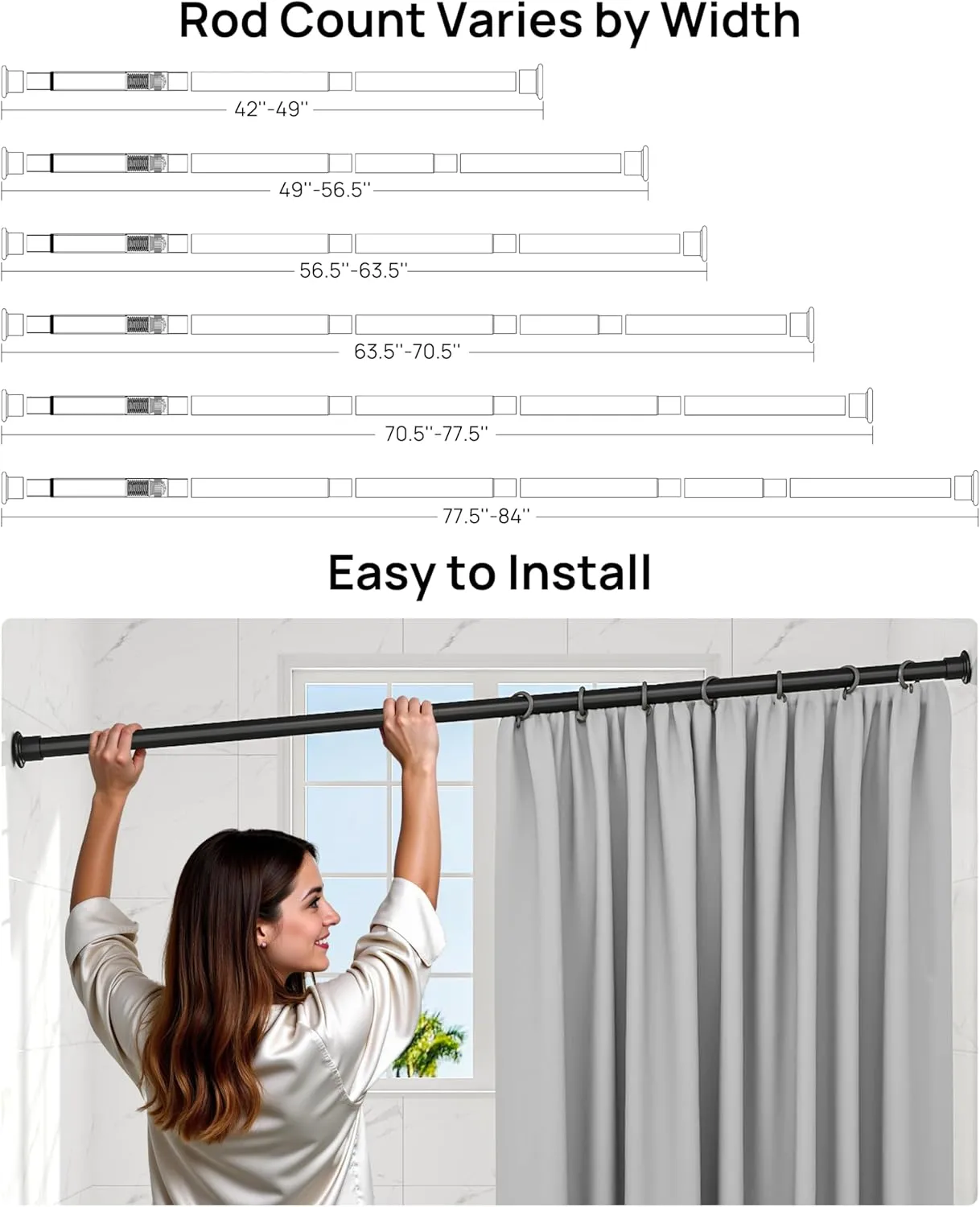 ALLZONE Heavy Duty Tension Shower Curtain Rod 42-83 Inches for Bathroom, Window, Non-Slip, Adjustable with Strong Spring Pole for Closet, Doorway, No Rust, No Drilling, Black