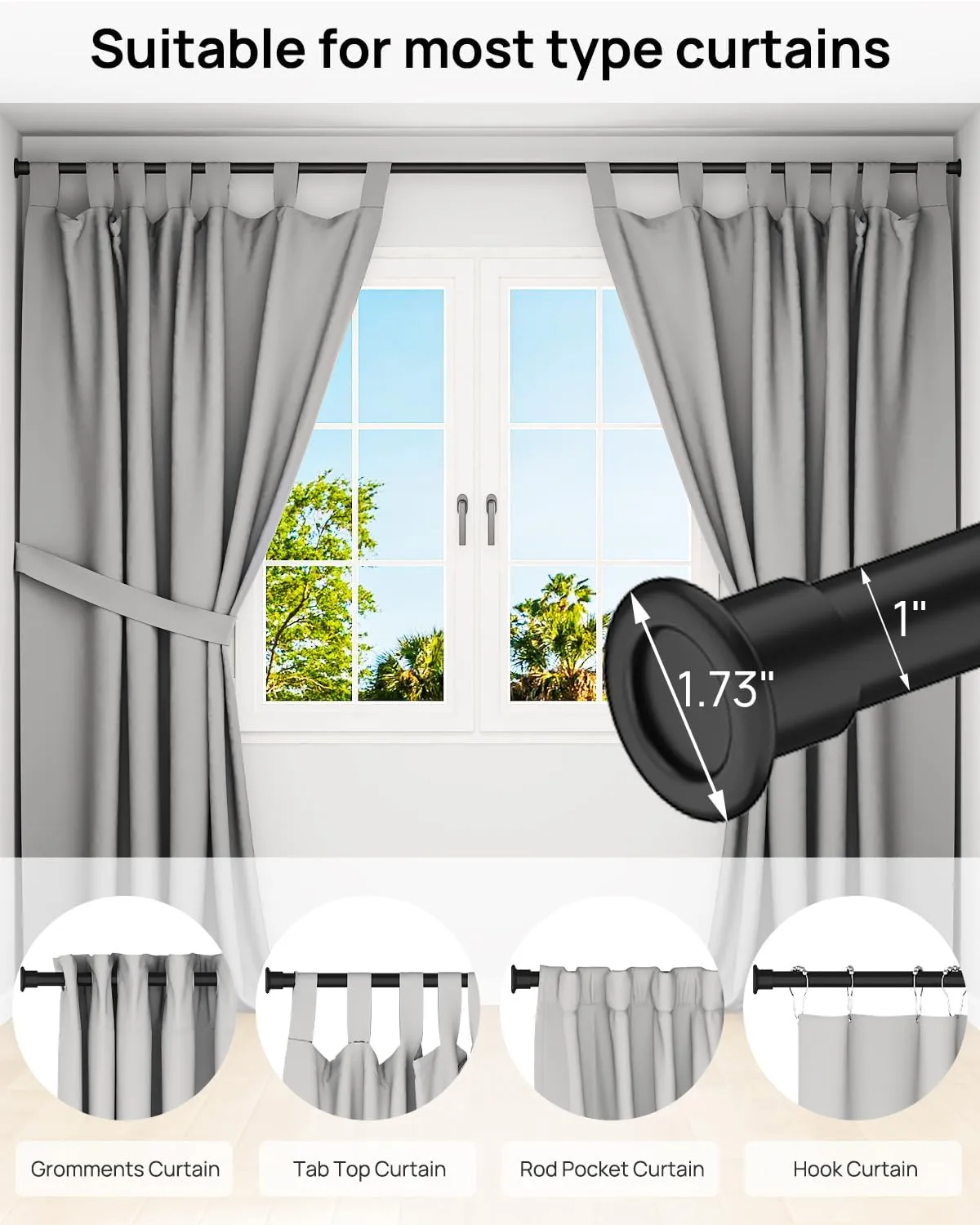 ALLZONE Heavy Duty Tension Shower Curtain Rod 42-83 Inches for Bathroom, Window, Non-Slip, Adjustable with Strong Spring Pole for Closet, Doorway, No Rust, No Drilling, Black