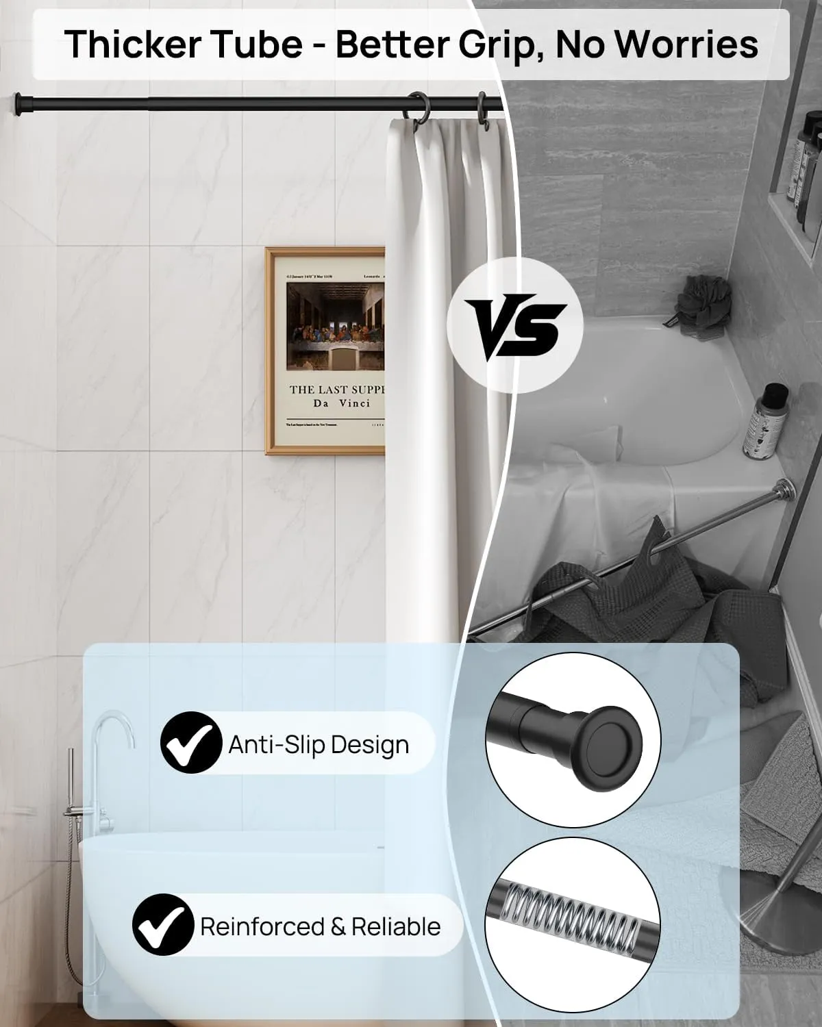ALLZONE Heavy Duty Tension Shower Curtain Rod 42-83 Inches for Bathroom, Window, Non-Slip, Adjustable with Strong Spring Pole for Closet, Doorway, No Rust, No Drilling, Black