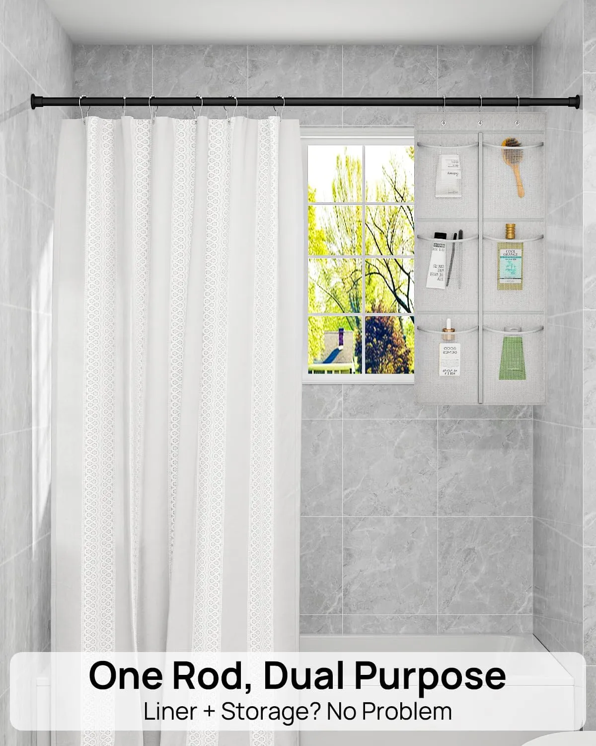 ALLZONE Heavy Duty Tension Shower Curtain Rod 42-83 Inches for Bathroom, Window, Non-Slip, Adjustable with Strong Spring Pole for Closet, Doorway, No Rust, No Drilling, Black