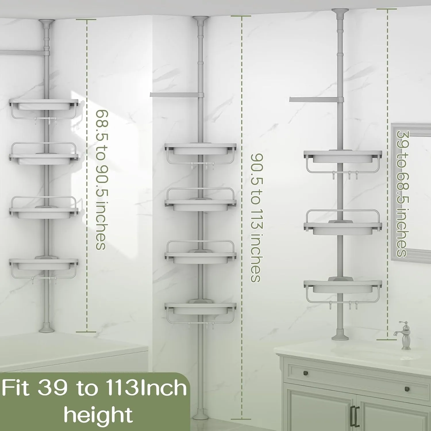 ALLZONE Rustproof Shower Caddy Corner for Bathroom,Bathtub Storage Organizer for Shampoo Accessories,4-Tier Adjustable Shelves with Tension Pole, 39 to 113 Inch, Grey