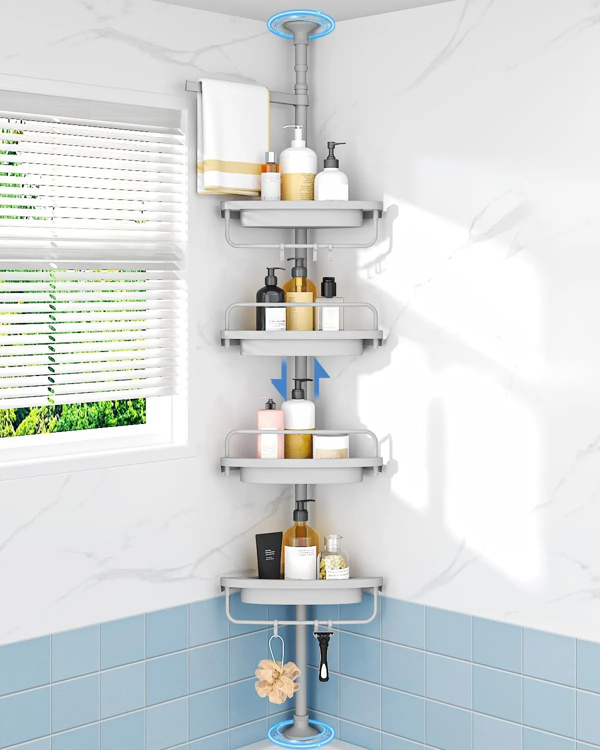 ALLZONE Rustproof Shower Caddy Corner for Bathroom,Bathtub Storage Organizer for Shampoo Accessories,4-Tier Adjustable Shelves with Tension Pole, 39 to 113 Inch, Grey