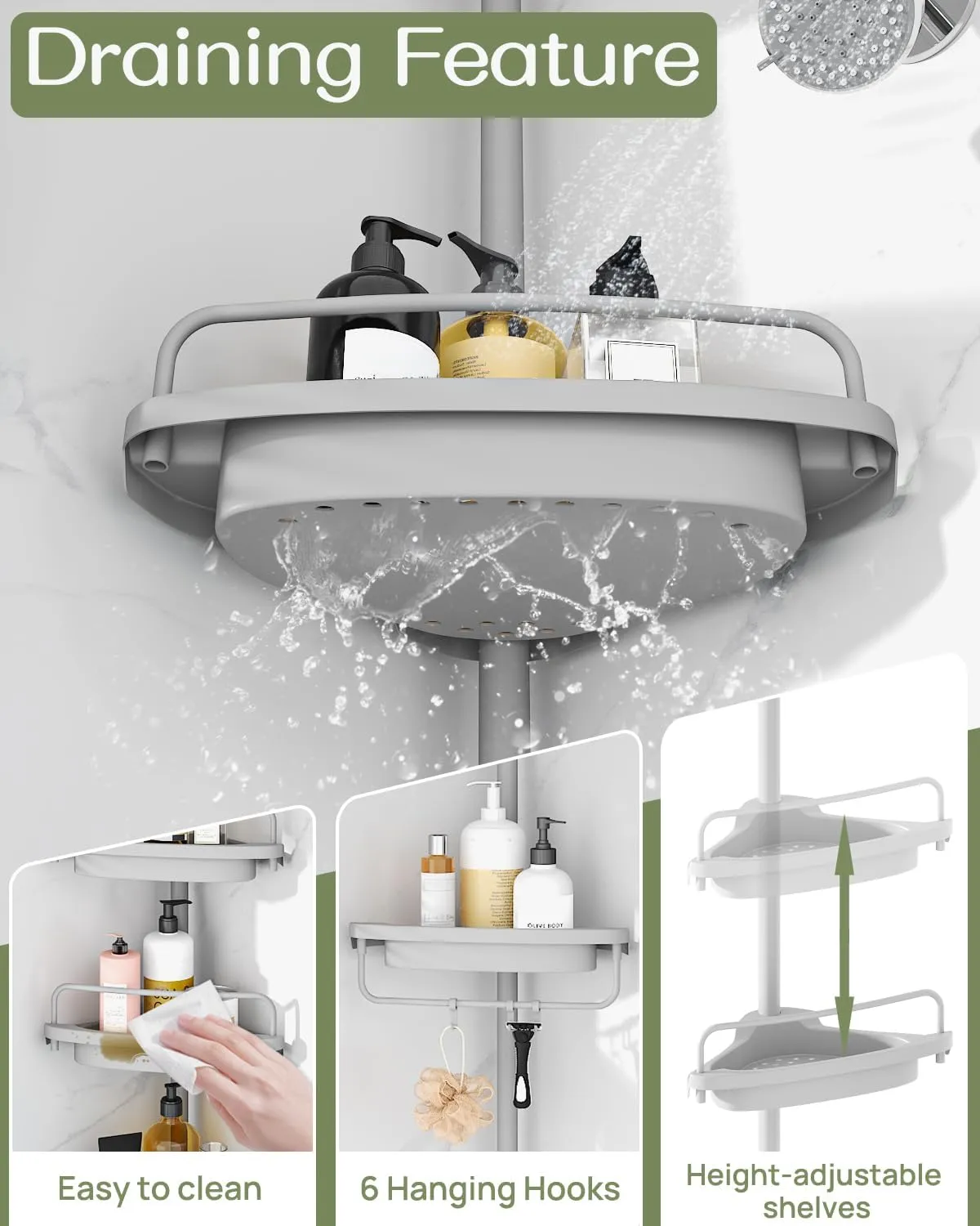 ALLZONE Rustproof Shower Caddy Corner for Bathroom,Bathtub Storage Organizer for Shampoo Accessories,4-Tier Adjustable Shelves with Tension Pole, 39 to 113 Inch, Grey