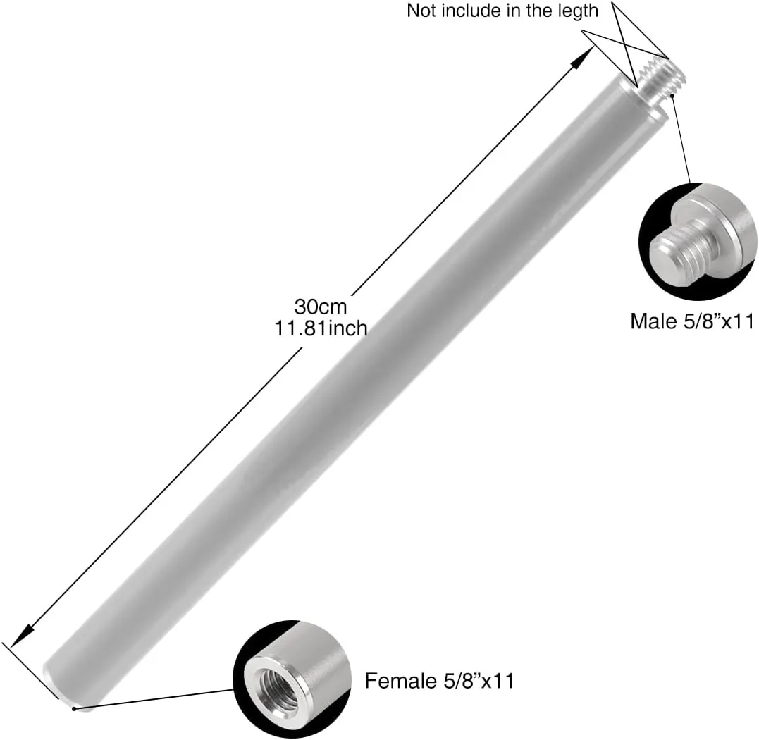Aluminum Extension Pole - Adjustable 5/8" Male and Female Thread Tube Bar for Robotics Pole, 11.8-inch Length Grey, Ideal for Subwoofer Pole Height Adjustment (2 Piece)