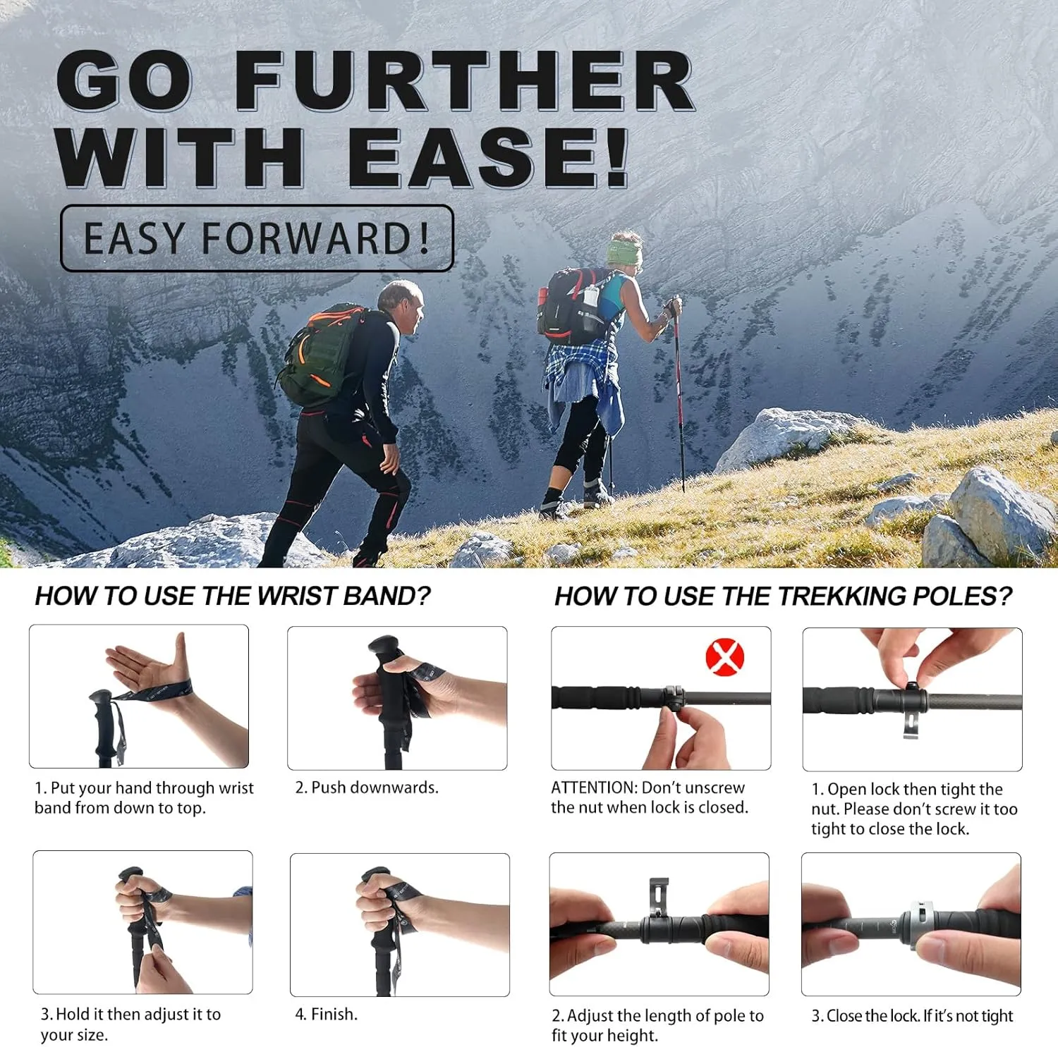 Aluminum Trekking Poles - Quick Adjustable Locks, Comfort Handle, Padded Strap, Snow Baskets - Walking Sticks Suitable for Hiking, Walking