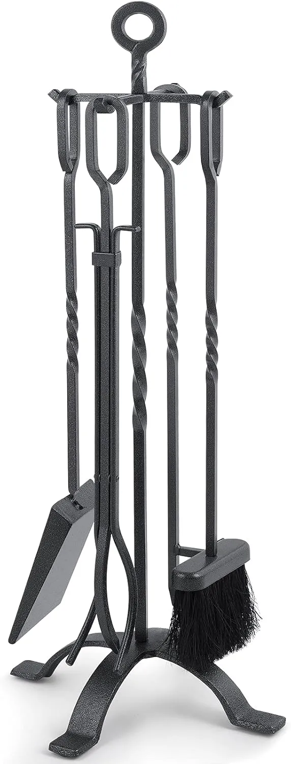 Amagabeli 5 Pieces Fireplace Tools Sets Wrought Iron Indoor Fireplace Set with Poker Tongs Broom Shovel Stand Fire Tools Outdoor Rustic Fire Poker Set Fire Place Hearth Accessories Sets Antique Pewter
