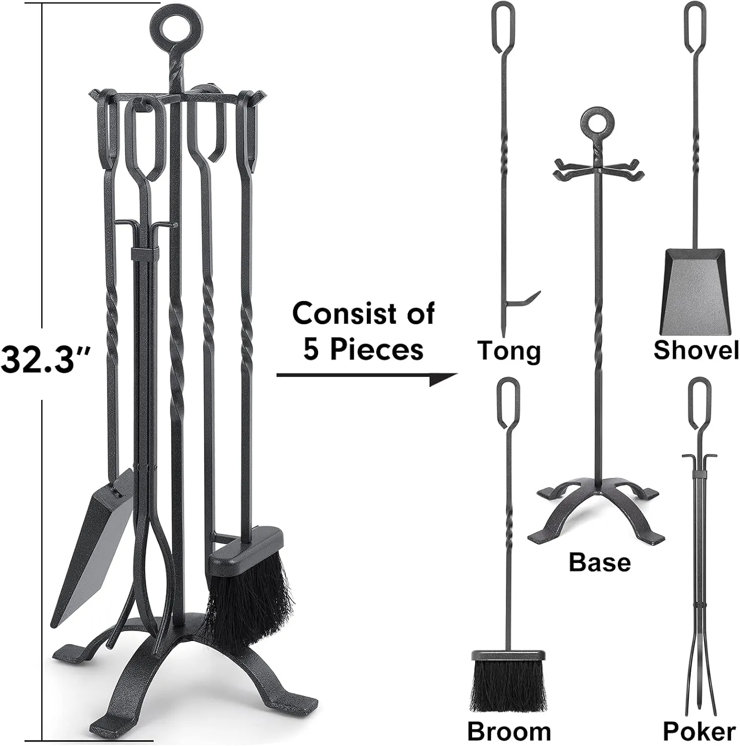 Amagabeli 5 Pieces Fireplace Tools Sets Wrought Iron Indoor Fireplace Set with Poker Tongs Broom Shovel Stand Fire Tools Outdoor Rustic Fire Poker Set Fire Place Hearth Accessories Sets Antique Pewter