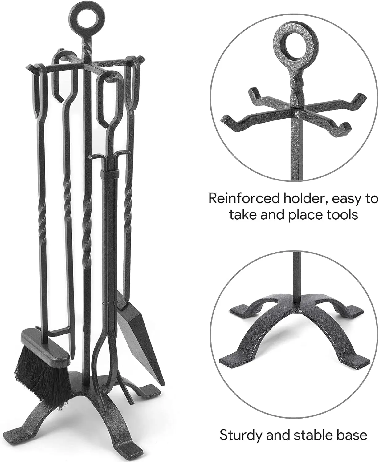 Amagabeli 5 Pieces Fireplace Tools Sets Wrought Iron Indoor Fireplace Set with Poker Tongs Broom Shovel Stand Fire Tools Outdoor Rustic Fire Poker Set Fire Place Hearth Accessories Sets Antique Pewter