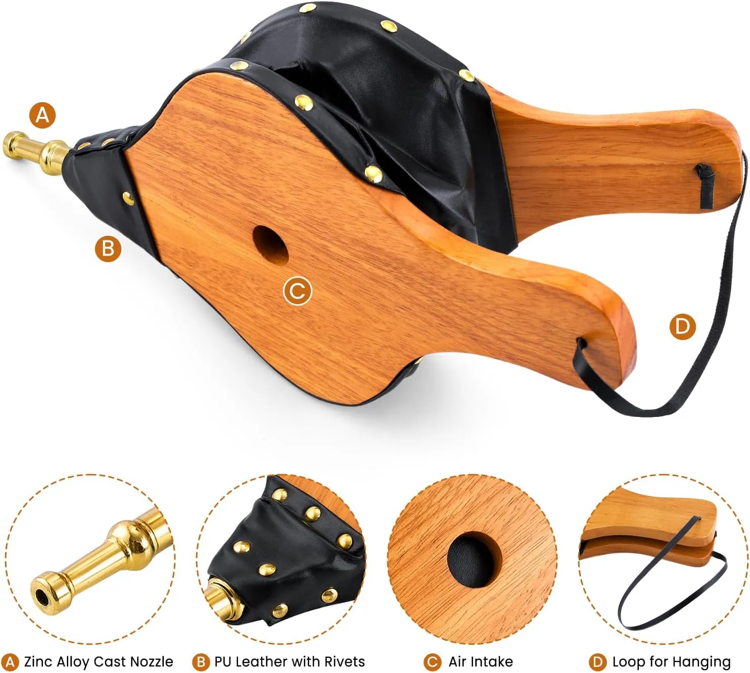AMAGABELI GARDEN & HOME Wood Fireplace Bellows 19"x 8" Large Artificial Leather Bellow Fire Pit Air Blower With Hanging Strap Cast Nozzle Outdoor Cooking Fan Camping BBQ Grill Chimney Barbecue Tools