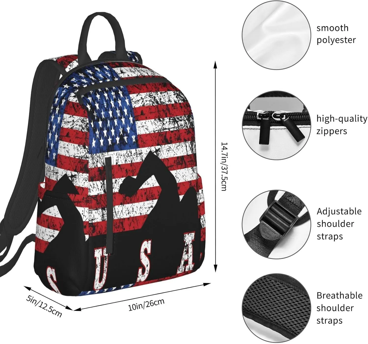 American Flag Swimming Team Casual Backpacks Laptop Backpack Outdoor Travel Rucksack Sport Carry-On Daypack Lightweight Bag with Multi-Pockets