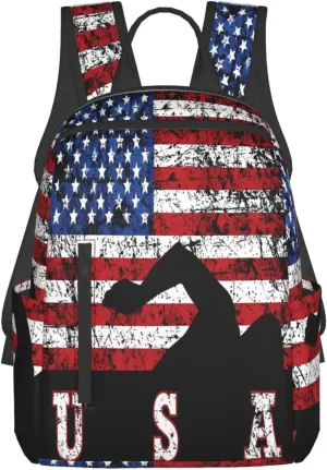 American Flag Swimming Team Casual Backpacks Laptop Backpack Outdoor Travel Rucksack Sport Carry-On Daypack Lightweight Bag with Multi-Pockets