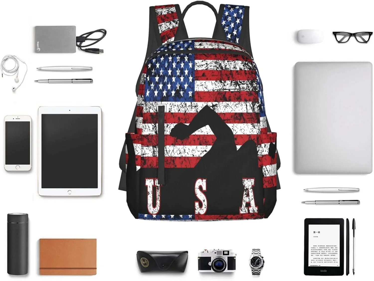 American Flag Swimming Team Casual Backpacks Laptop Backpack Outdoor Travel Rucksack Sport Carry-On Daypack Lightweight Bag with Multi-Pockets