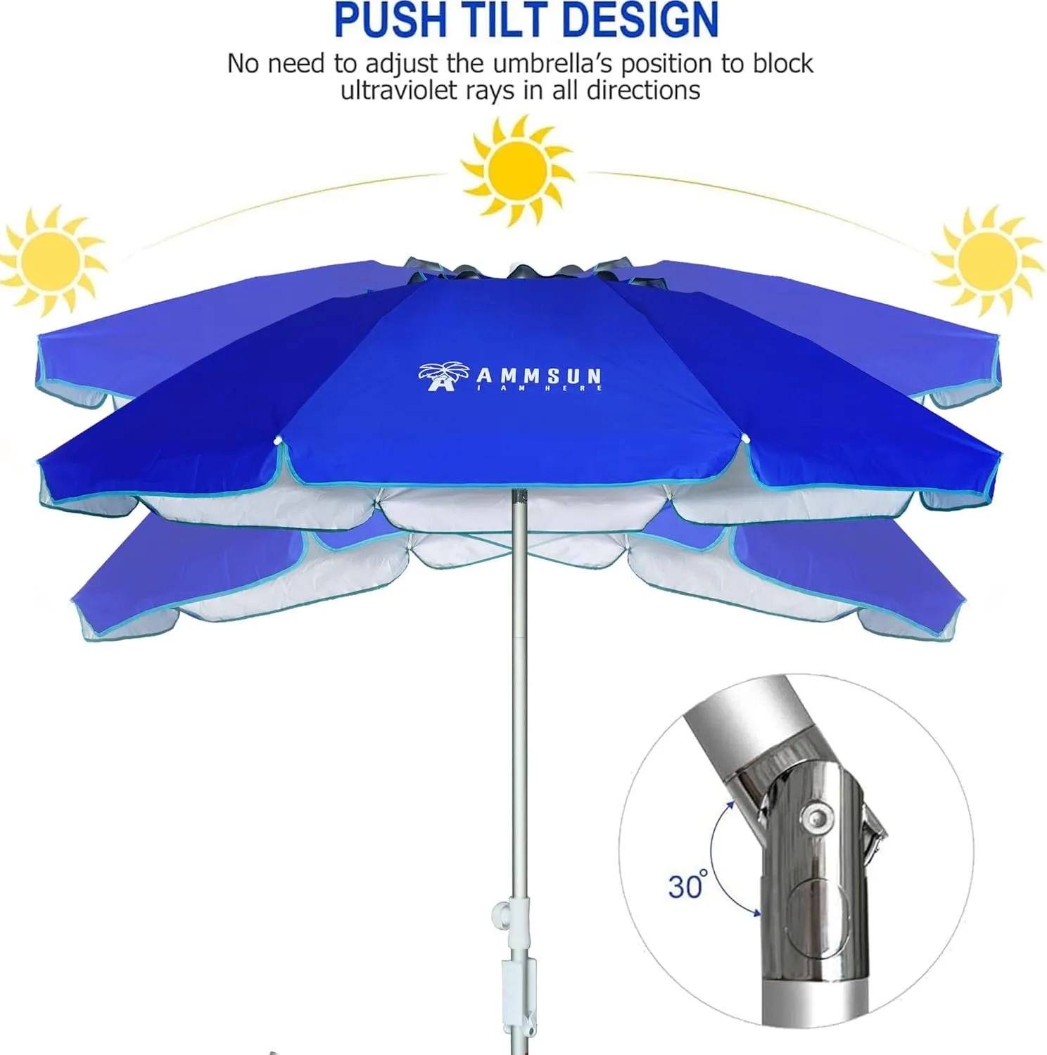 AMMSUN 6.5ft twice folded Portable beach umbrella with sand anchor windproof, Push Button Tilt and Air vent UPF 50  Protection Fits in a large Suitcase for Patio Garden Beach Pool Backyard Blue