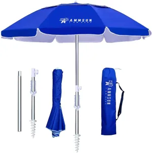 AMMSUN 6.5ft twice folded Portable beach umbrella with sand anchor windproof, Push Button Tilt and Air vent UPF 50  Protection Fits in a large Suitcase for Patio Garden Beach Pool Backyard Blue